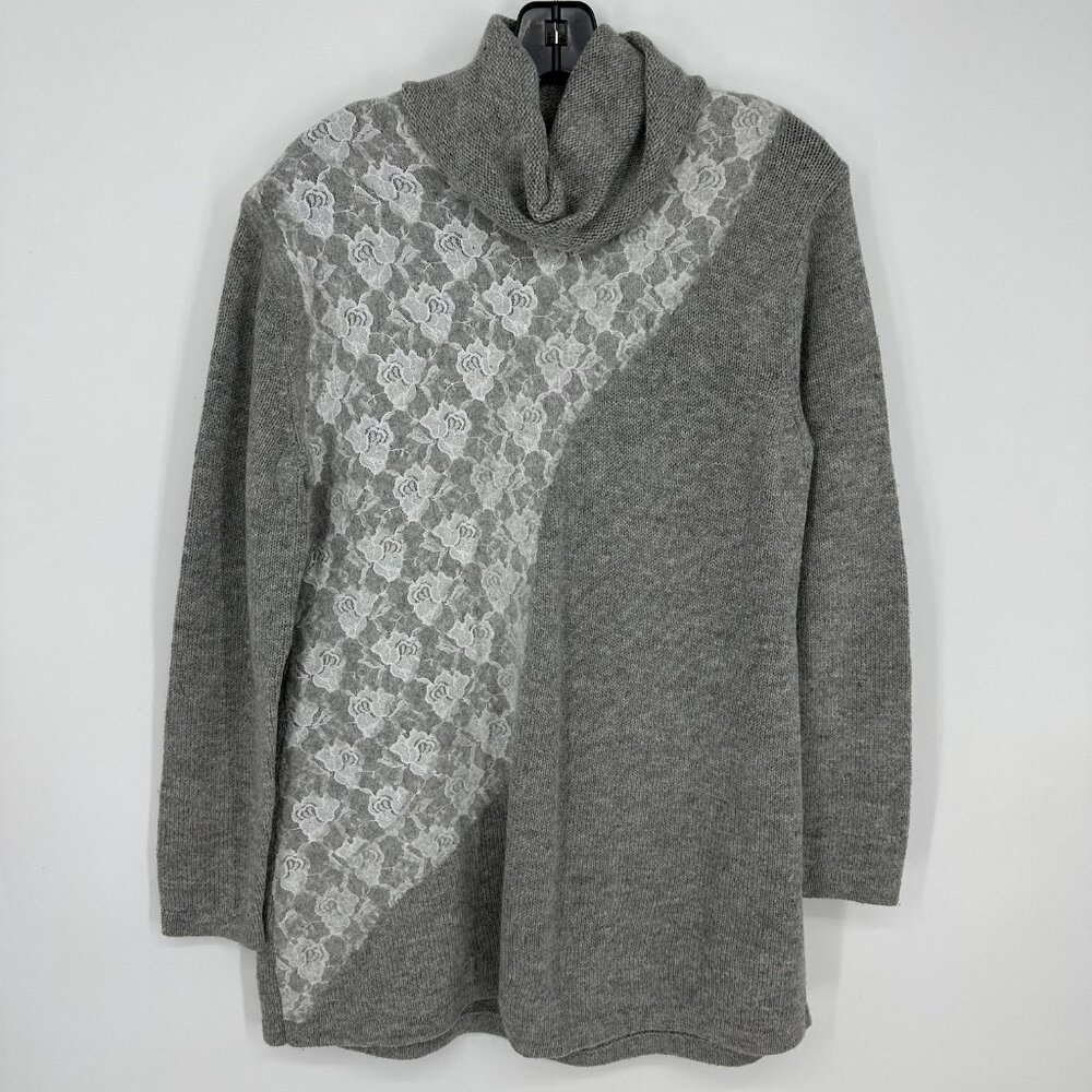 Soft Surroundings Turtleneck Floral Lace Asymmetrical Sweater Relaxed Fit Gray